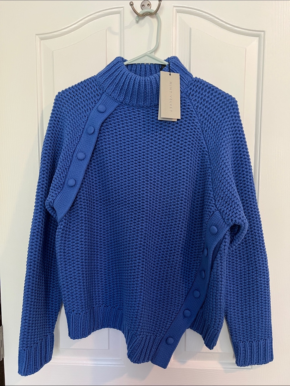 Mint Velvet Blue Button-Trim Mock Neck Sweater